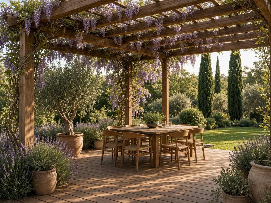 Muğla'da ahşap pergola ve deck uygulaması: sarmaşıklı pergola altında yemek masası, ahşap teras ve lavanta saksıları